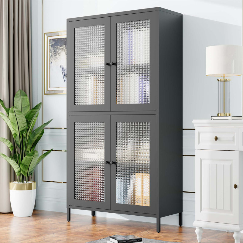 Ebern Designs Classic Metal Storage Cabinet Display Cabinet With 4 Glass Doors 4 Shelves Cabinet Bookcase Side Cabinet For Home Office Living Room Ki